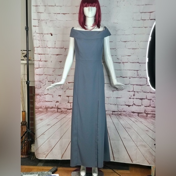 DESSY COLLECTION Silver Stone Blue off shoulder full length dress Size 16 NWT - Picture 2 of 15